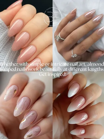 This collage shows how beautifully almond-shaped nails work at different lengths, with styles like ombré, gold foil, and milky chrome.