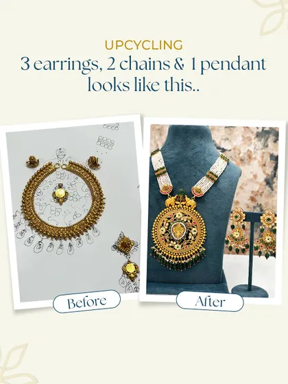 This is what upcycling three earrings, two chains, and one pendant looks like. From a sketch to a final masterpiece, we combined all these parts into a grand, cohesive temple-style haar.