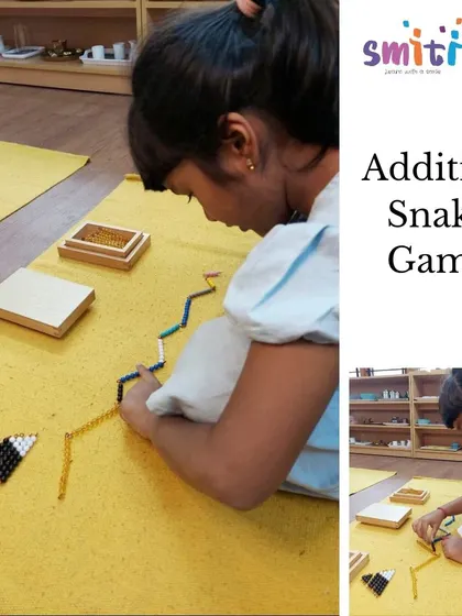 The Addition Snake Game is a colorful and engaging way for children to practice addition combinations. The child is seen here exchanging colored bead bars for golden ten-bars.