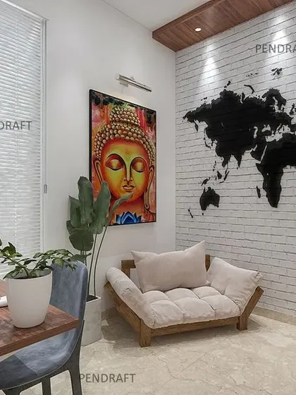 We designed this study and meditation room for a working couple. The exposed white brick wall features a 3D world map, creating a perfect, professional backdrop for virtual meetings.