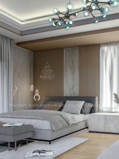A luxurious master bedroom concept featuring a statement wall with vertical wood slats and marble panels. The design is elevated by a modern molecular chandelier and layered lighting. The neutral grey and wood tones create a sophisticated and calming sanctuary.