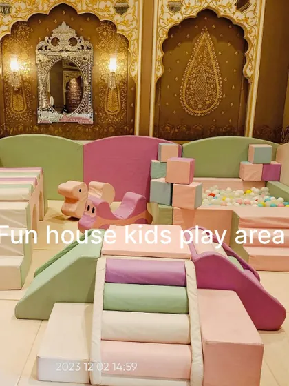 An indoor setup at the Rambagh Palace in Jaipur, where our pastel play area added a touch of playful elegance to a grand event.