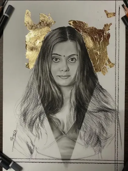 A mixed-media sketch combining charcoal with gold leaf for a touch of elegance and divinity.