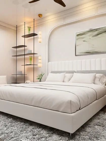 A sophisticated bedroom concept with a tall, fluted headboard, minimalist open shelving, and a plush shag rug, creating a space that is both modern and luxurious.