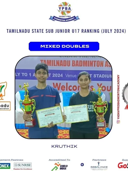 Kruthik with a Silver medal in Mixed Doubles at the Tamil Nadu State Sub Junior U17 Ranking.