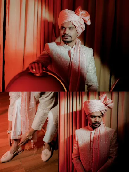 A collage showing the groom getting ready, from adjusting his shoes to his final look in a traditional turban.
