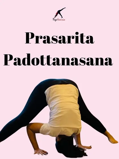 This image shows the Prasarita Padottanasana (Wide-Legged Forward Bend), an inversion that helps to calm the nervous system and stretch the hamstrings and inner thighs.