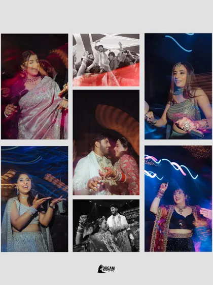 A dynamic collage of wedding party moments, capturing the energy and joy of the celebration.