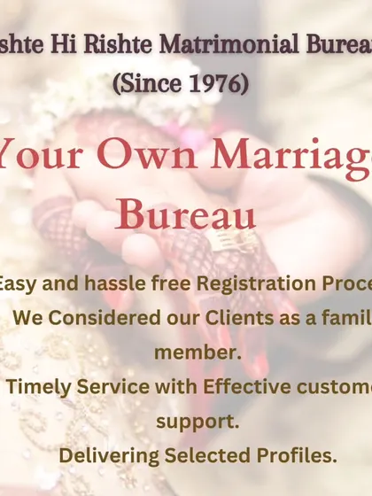 We consider ourselves your own personal marriage bureau. This image lists our commitments: an easy registration process, treating clients like family, and delivering selected, high-quality profiles.