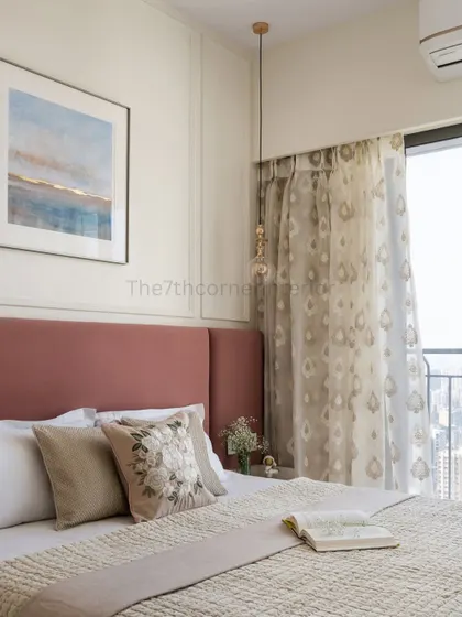 A full view of the master bedroom from my 'Urban Vista' project. The design balances the bold headboard with soft, patterned curtains and a calm color palette, creating a harmonious and luxurious retreat.