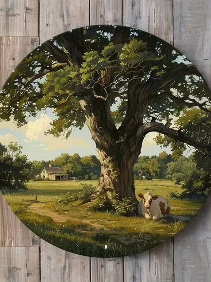 Our collection of circular landscape paintings offers a unique perspective on nature. These pieces, depicting everything from serene meadows and tranquil lakes to rustic farmhouses, are perfect for creating a charming focal point on any wall.