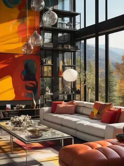 A collection of our vibrant, large-scale abstract commissions shown in various contemporary living spaces. Each piece is tailored to the room's architecture and color scheme, demonstrating the versatility of our custom art services for modern interiors.