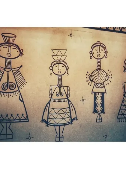 A detailed look at the character designs for the Cafe Cofix mural. Each figure has its own personality, created using the simple lines and shapes of traditional Warli art.
