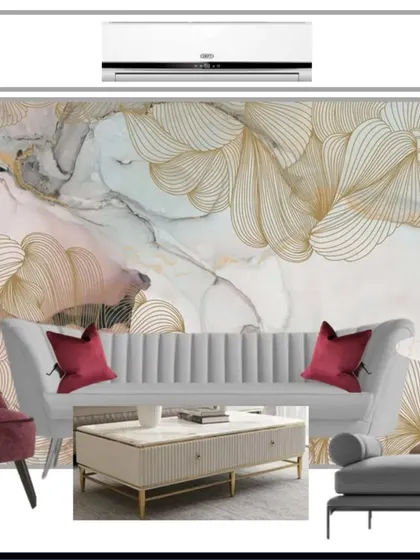 A classy mood board for our Dwarka project, visualizing the living room with a grey sofa, maroon accent chairs, and a stunning abstract wallpaper with gold line art.