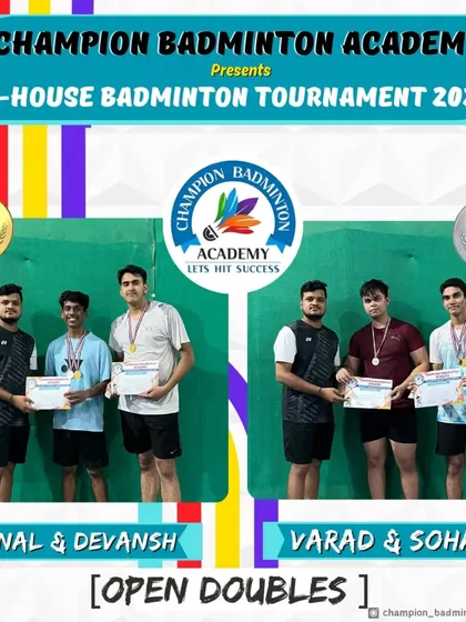 Celebrating the winners of our In-House Open Doubles tournament. Congratulations to the winning pair, Kunal and Devansh, and the runners-up, Varad and Soham.