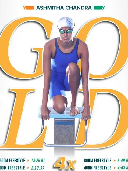 A graphic celebrating the incredible achievement of Ashmitha Chandra, who won four gold medals in national competition, a proud moment for the entire Swimsquare family.