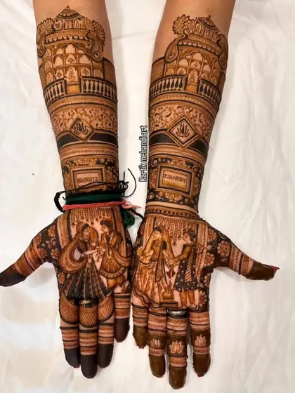 A beautiful bridal mehandi telling a story. The design includes portraits of the couple, a doli scene, and the names of the bride and groom, making it a personalized masterpiece.