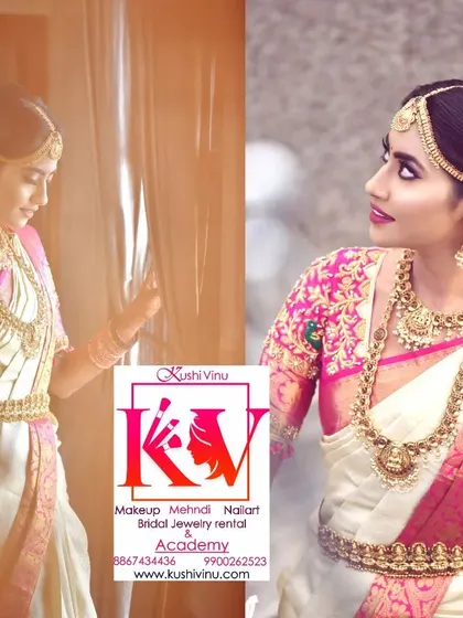 A candid and a posed shot to show how the natural HD makeup looks both in motion and in portraits. The off-white and pink saree is beautifully complemented by the subtle makeup and traditional hairstyle.
