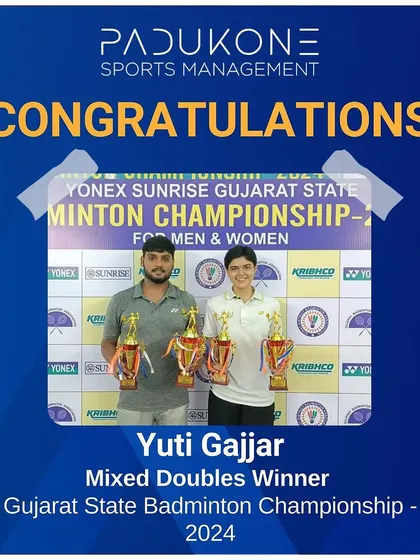 A double victory for Yuti Gajjar, who also won the Mixed Doubles title at the Gujarat State Badminton Championship. Her versatility and skill are truly commendable.