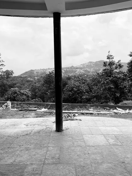 A view from the under-construction terrace of Ridge House, looking out towards the Sahyadri mountains.