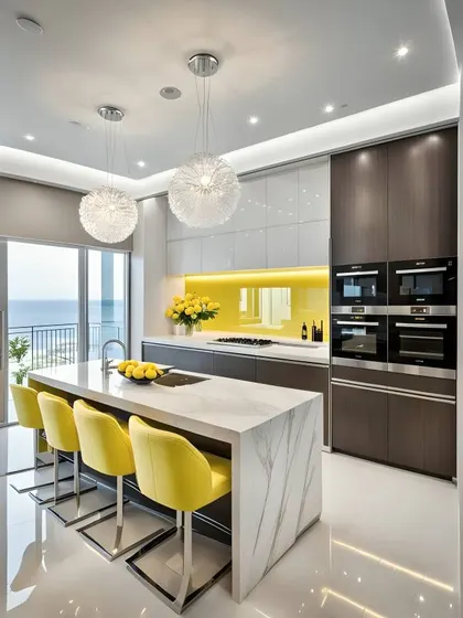 This contemporary kitchen makes a statement with a bright yellow backsplash and matching bar stools. The design includes a white marble waterfall island and integrated ovens for a seamless look.