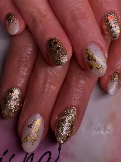 A glamorous wedding-ready set with a mix of full gold glitter and gold foil on a white base.