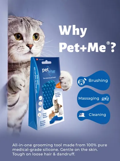 Why choose Pet+Me? It's an all-in-one grooming tool made from 100% pure medical-grade silicone. It's gentle on the skin but tough on loose hair and dandruff, combining brushing, massaging, and cleaning.