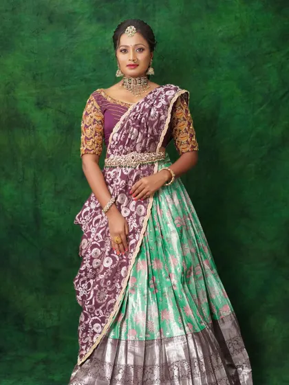 A full-length shot of the dusky skin look, showing the unique color combination of the outfit.