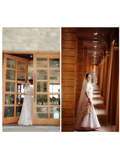 A diptych of the bride in a white lehenga, posing in the doorway and corridor of a modern hotel. The architecture provides clean lines and a contemporary feel.