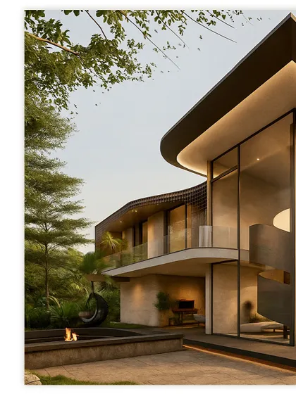 The backyard of Obsidian X is a private retreat, complete with a fire pit and a hanging swing chair. The home's curved balconies and floor-to-ceiling glass overlook this serene space, epitomizing seamless indoor-outdoor living.