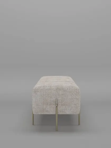 A side view of our minimalist bench, highlighting its clean, block-like form and the delicate, intersecting metal legs that provide support.