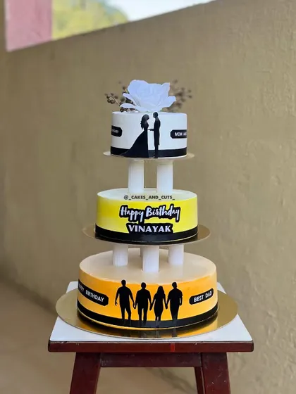 This unique three-tier cake celebrates three occasions in one. Each tier tells a different story, a technique we explore in our custom design workshops.