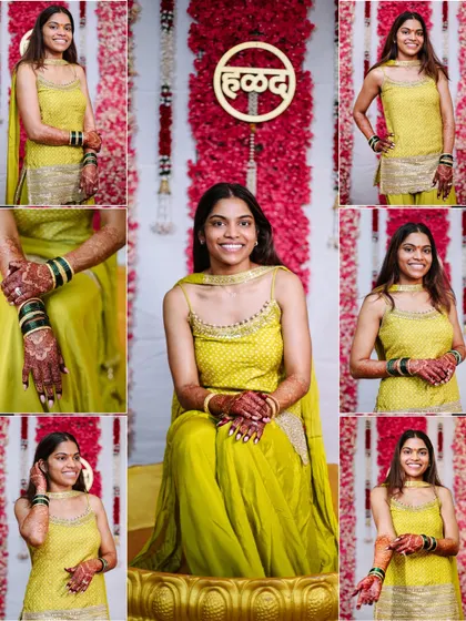 A collage of the bride's Haldi portraits, showing her happy expressions and beautiful attire.