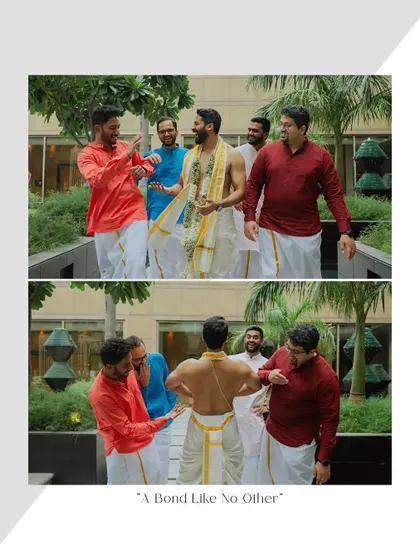 "A Bond Like No Other." The groom shares a laugh with his groomsmen, capturing the strong bonds of friendship on his wedding day.