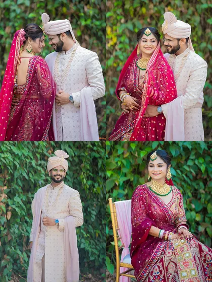 A collection of classic wedding portraits of a couple against a lush green background, highlighting the bride's stunning red lehenga.