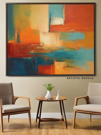 This mockup shows how a large abstract painting with warm and cool tones can anchor a seating area, adding energy and sophistication.