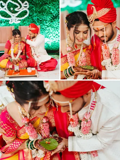 A collage of intimate moments from a Maharashtrian wedding ceremony. It shows the couple performing rituals together, their hands joined, their heads bowed in respect.