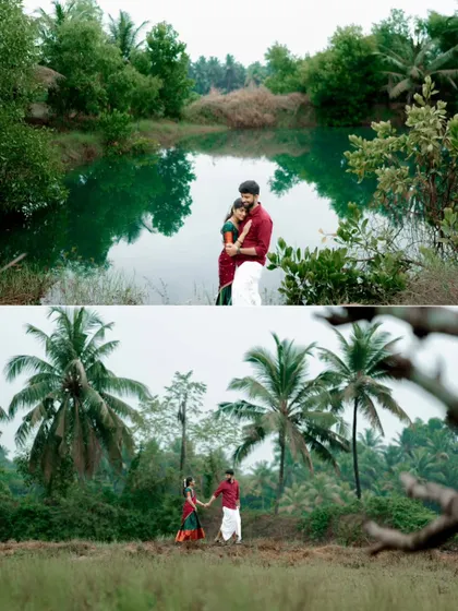 This collage captures the beautiful natural scenery of Udupi, with the couple framed by a serene lake and lush palm trees during their outdoor pre-wedding shoot.