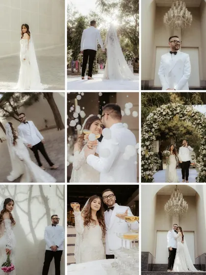 A grid of nine photos telling the story of a beautiful white wedding, from solo portraits and couple shots to the celebratory champagne toast.