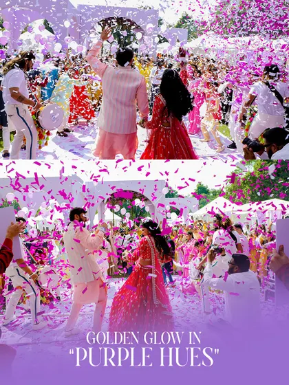 A purple-hued confetti blast creates a stunning visual for this Haldi celebration. The color-coordinated effects tie in perfectly with the overall lavender decor theme.