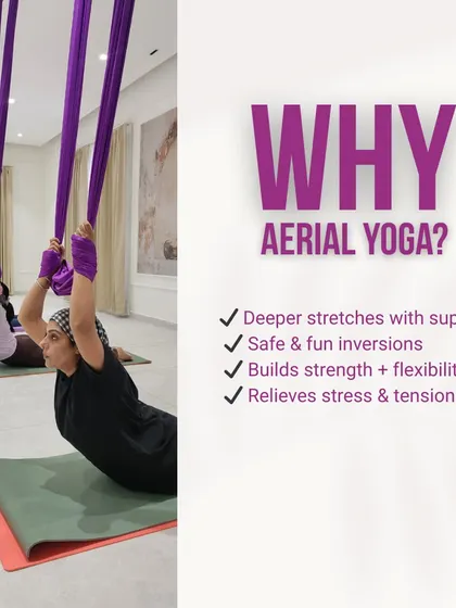 Why try Aerial Yoga? This practice offers deeper, supported stretches, makes inversions safe and accessible, builds both strength and flexibility, and is a wonderful way to relieve stress. Join us in our studio to experience these benefits firsthand.