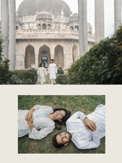 A collage from a pre-wedding shoot at a historic tomb, showing the couple sharing quiet moments, both walking hand-in-hand and lying peacefully on the grass.