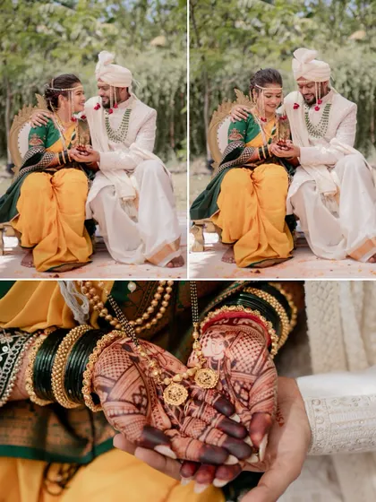 A collage showing the wedding rituals, including a close-up of the bride's hands holding the mangalsutra.