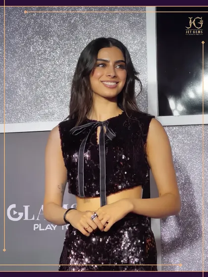 Khushi Kapoor shimmers in style, pairing a sequined outfit with our signature diamond rings and earrings for a chic, modern look.