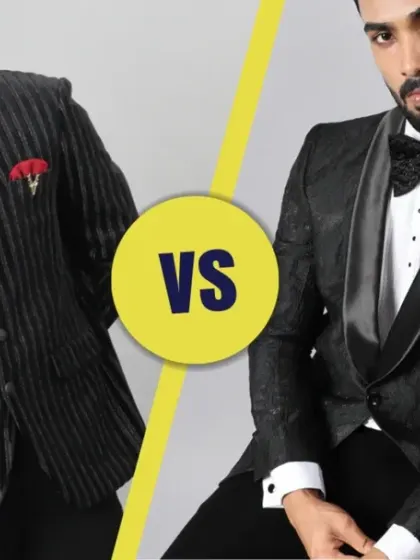 The ultimate showdown: Bandhgala vs. Tuxedo. Two distinct styles, both available to own from our pre-loved collection.
