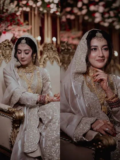 A collage of a Muslim bride's portraits, showcasing her elegant poses on a golden sofa.