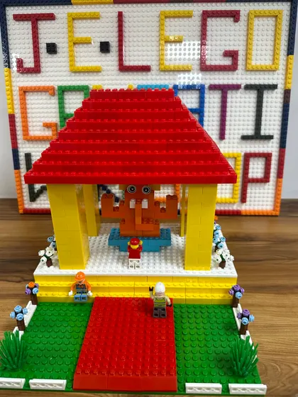 A close-up of a finished LEGO Ganpati pandal, showing the detailed craftsmanship and creative expression our workshops inspire.