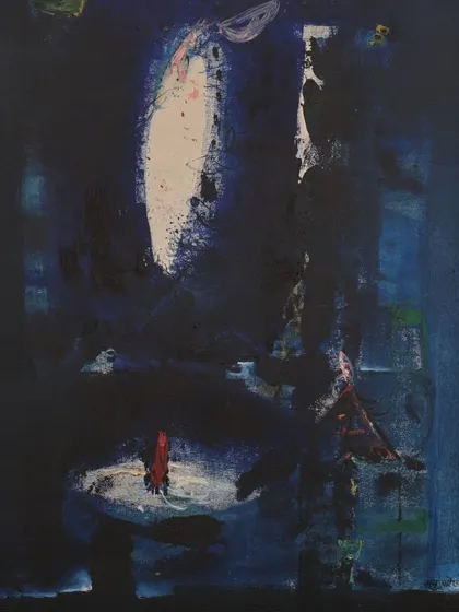 An abstract work by Manu Parekh, whose unique style and use of bold colors have earned him international acclaim. This piece, with its deep blues and a flash of white, reflects the cultural diversity and social issues of India.