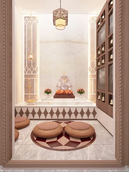 Another view of the elegant mandir, showcasing the beautiful geometric patterns on the floor and base, the hanging brass bell, and the serene marble backdrop for the idol.