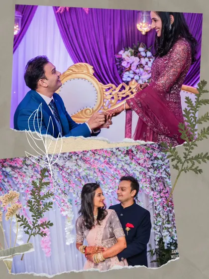 A collage showing tender moments from an engagement and sangeet, including the groom's proposal and the couple's romantic dance.